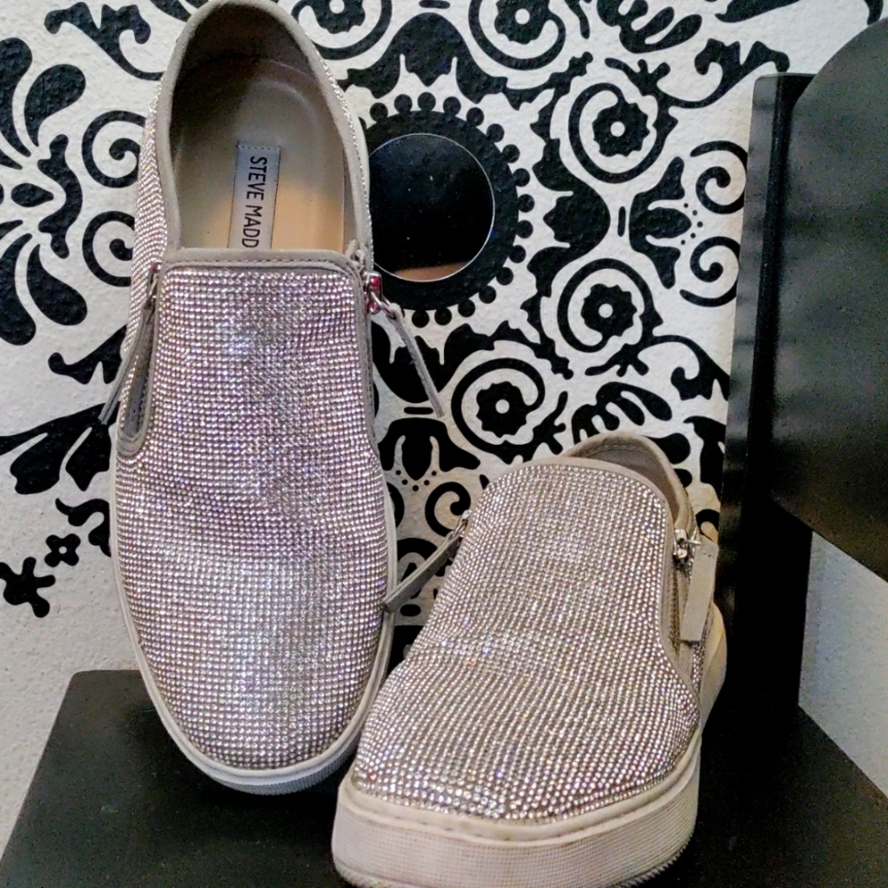 Steve Madden Women's Sneakers White Grey Benton Gems Slip On Zip Up Size 9.5